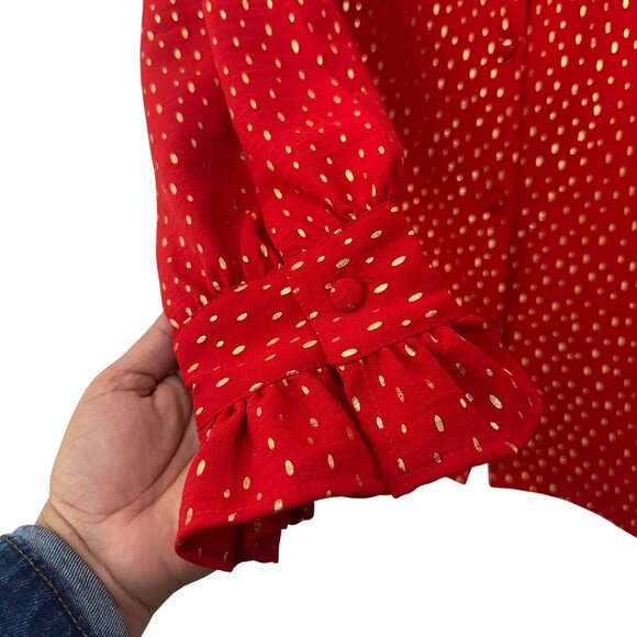 Emily Daniels Women Red Gold Polka Dot Blouse 2X Long Sleeve Ruffle Cuffs V-Neck - Picture 9 of 12